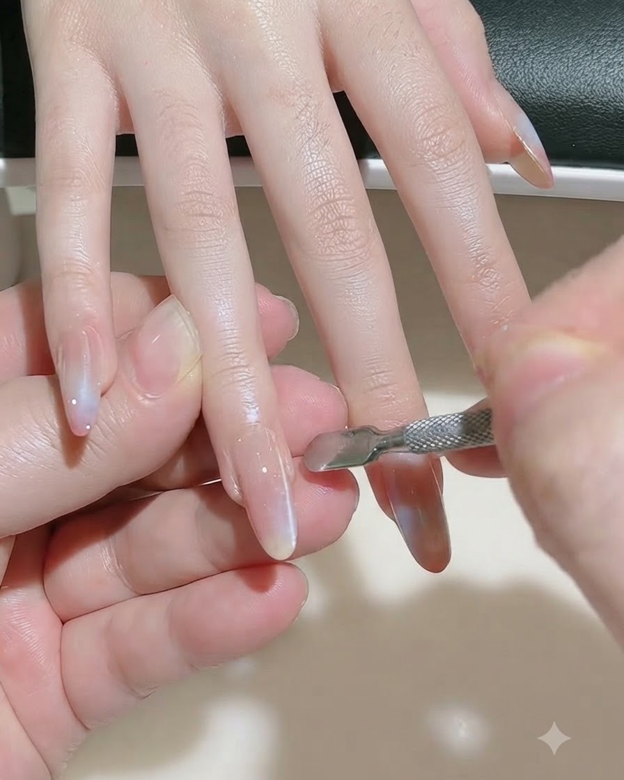A magnet tool held close to a glossy gel-painted fingernail to form a magnetic shimmer line.