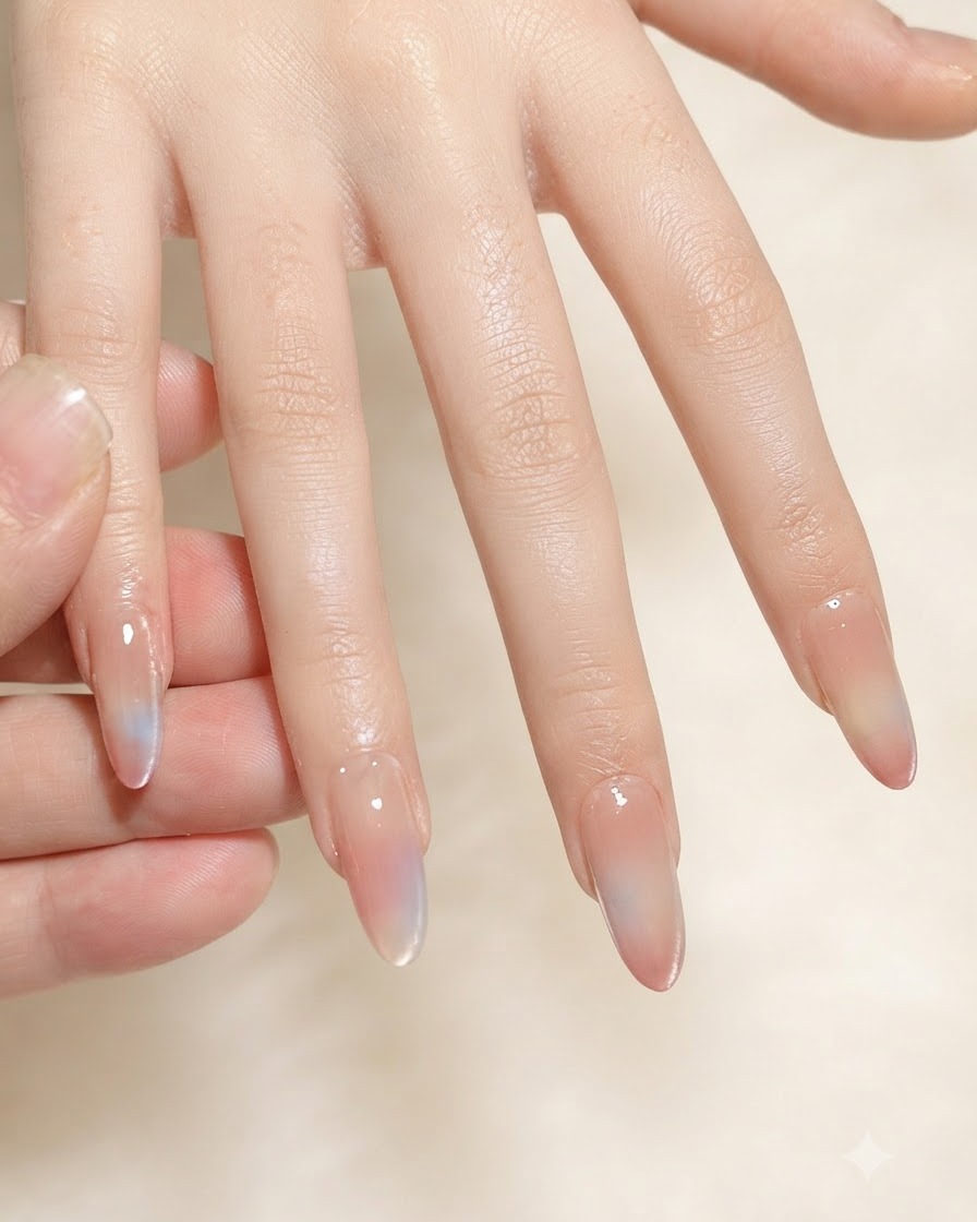 A brush applying a layer of glossy top coat over a magnetic gradient nail.