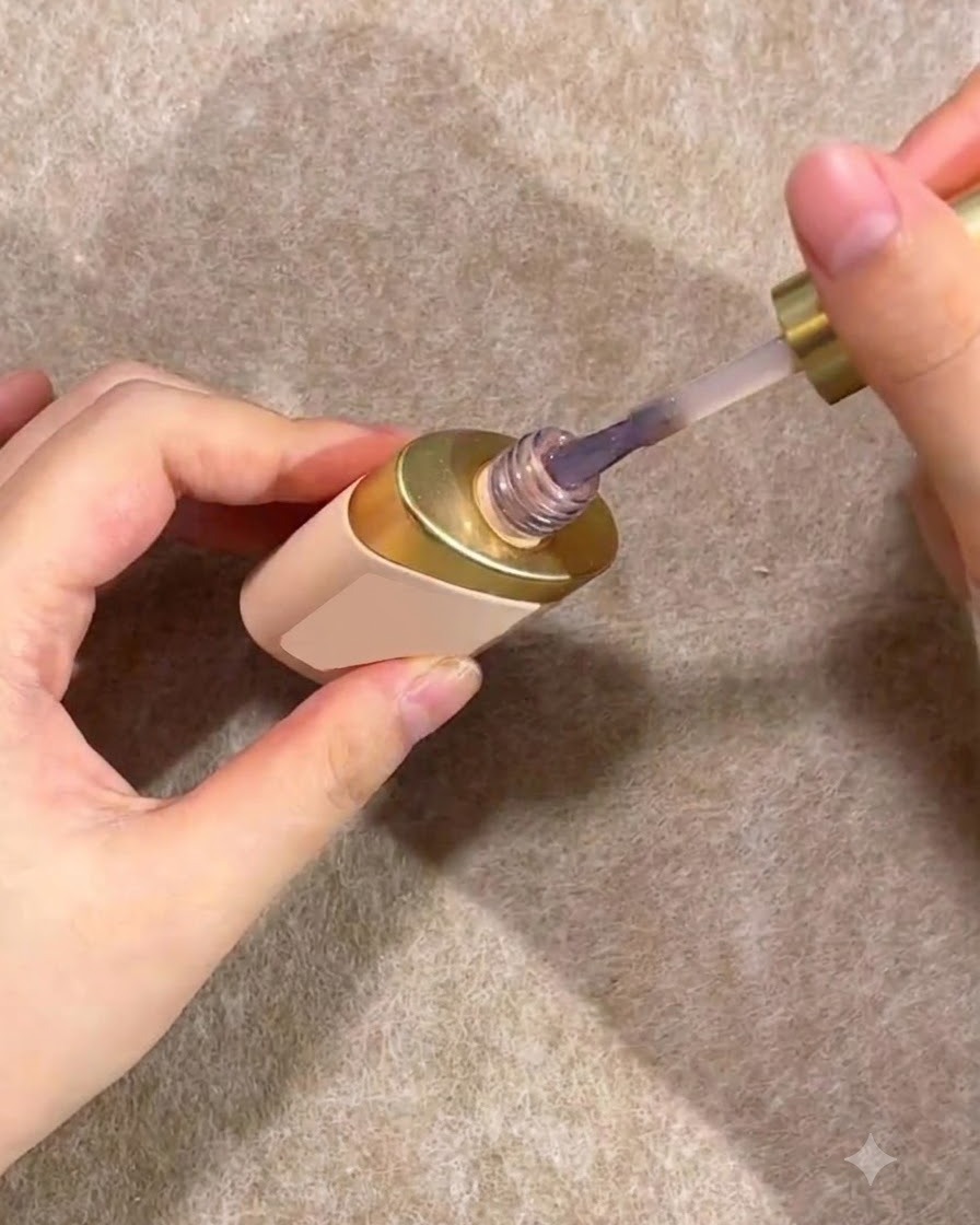 A brush applying nude gel polish onto the lower half of a clear practice nail extension.