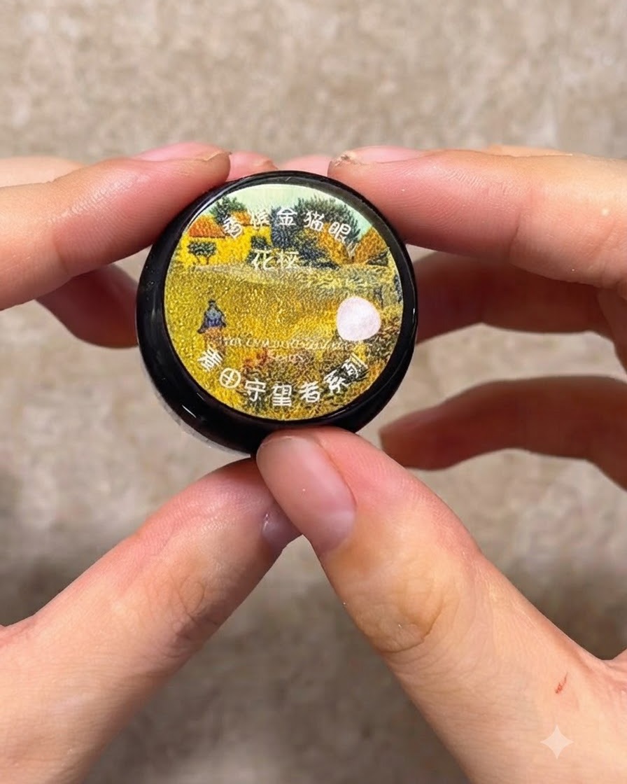 Hands holding a small jar of pink gold cat eye gel with a decorative label.