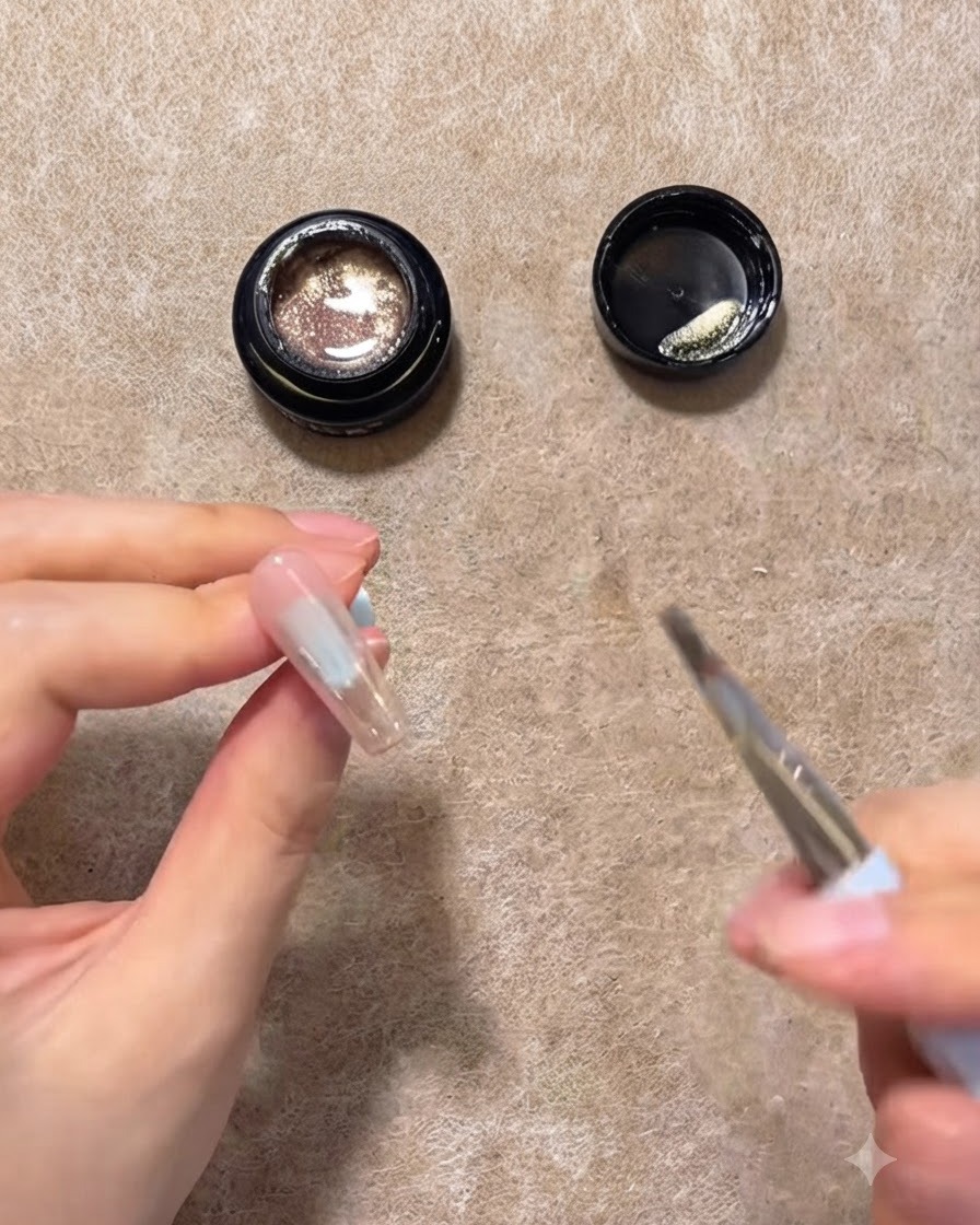 A liner brush applying pink gold cat eye gel to the upper half of a clear nail extension.
