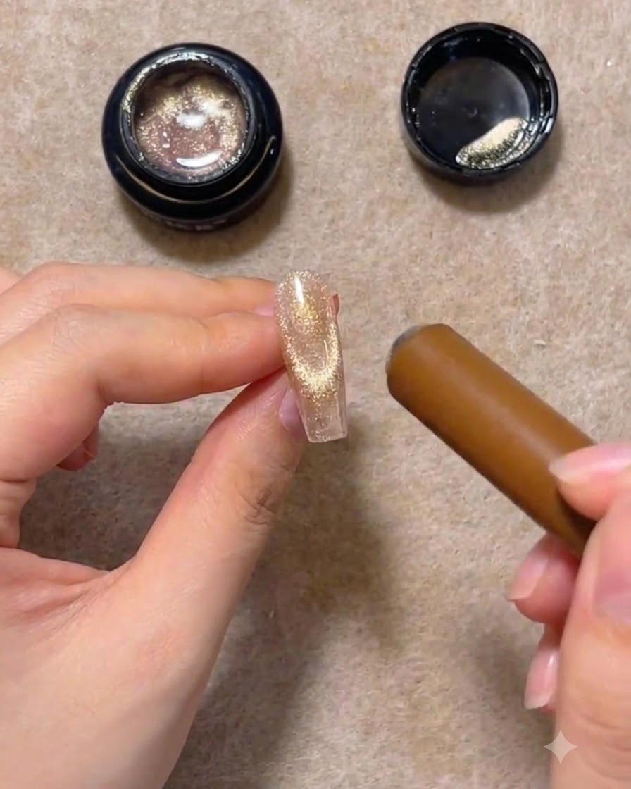 A cylindrical magnet hovering over a nail tip to activate the cat eye shimmer particles.