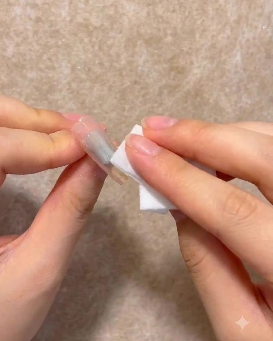A lint-free wipe cleaning the sticky residue off a cured gel nail surface.