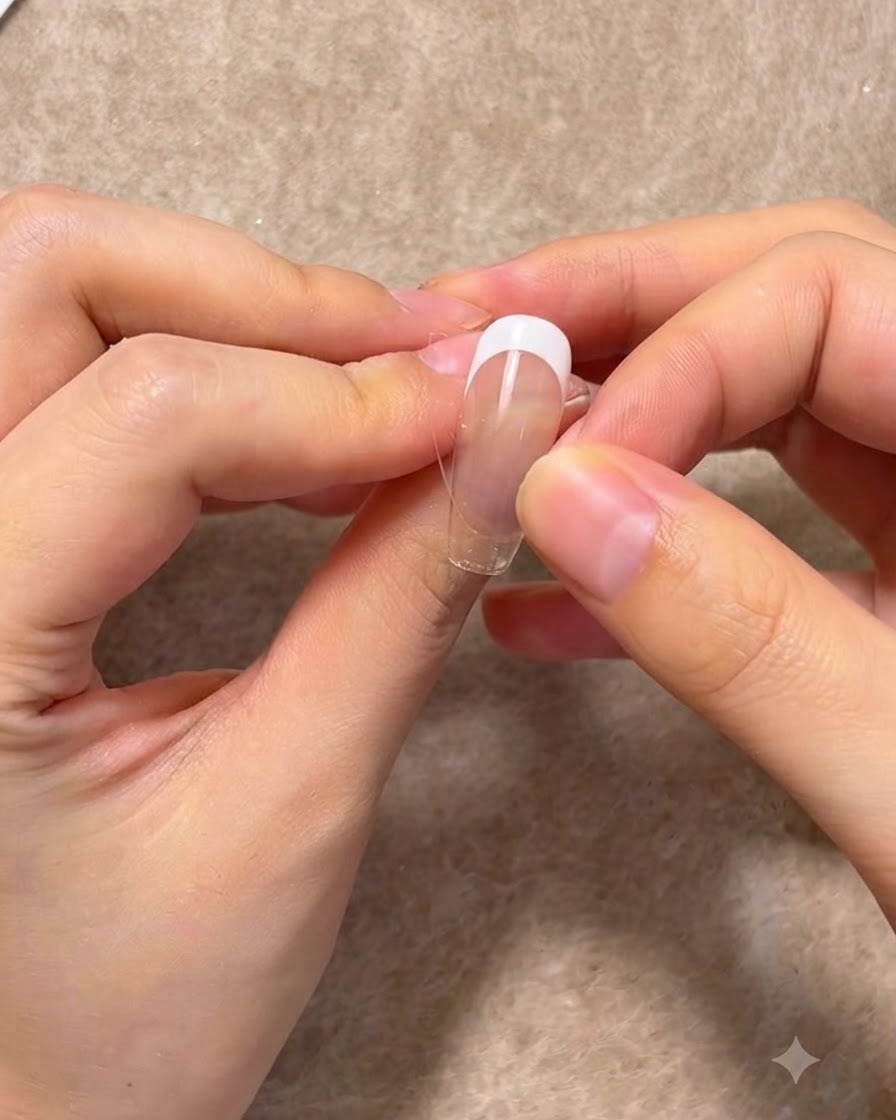 Fingers placing a French nail guide sticker onto the clean surface of a nail extension.