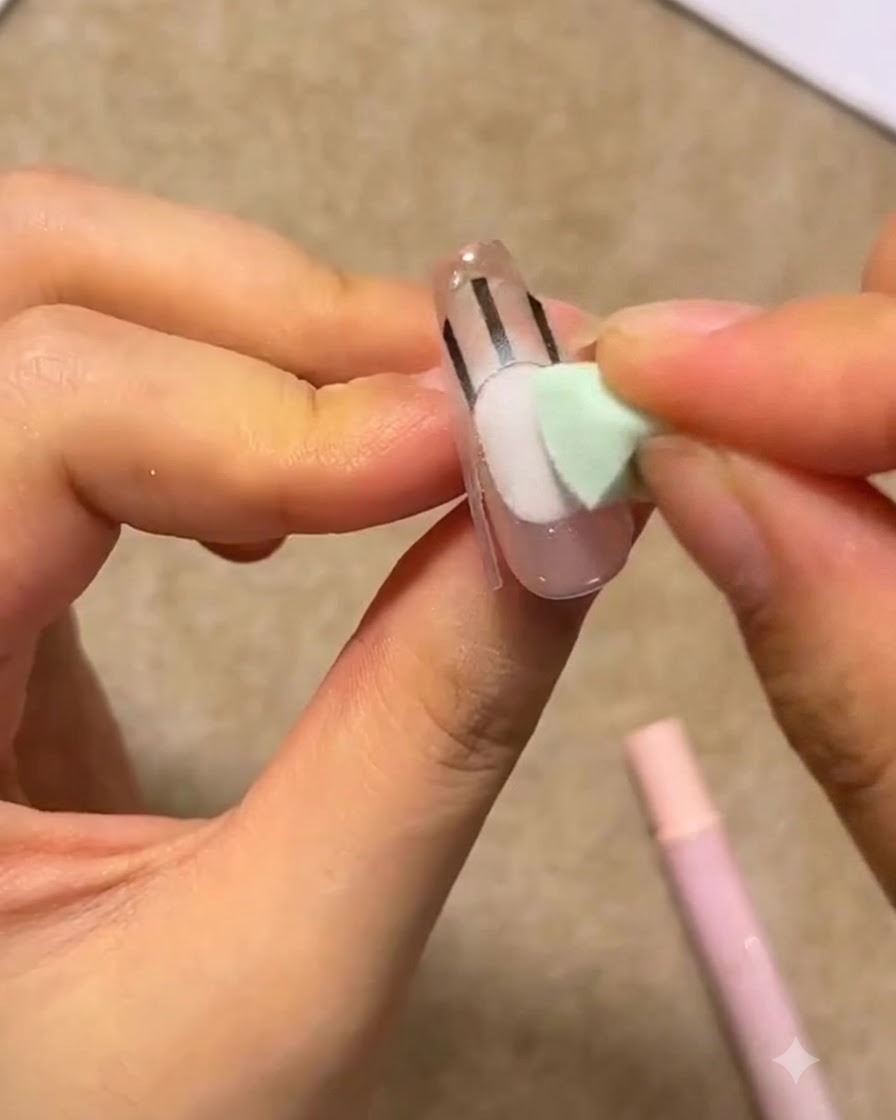 A small green sponge applicator dabbing white gel onto a nail with French guide stickers.