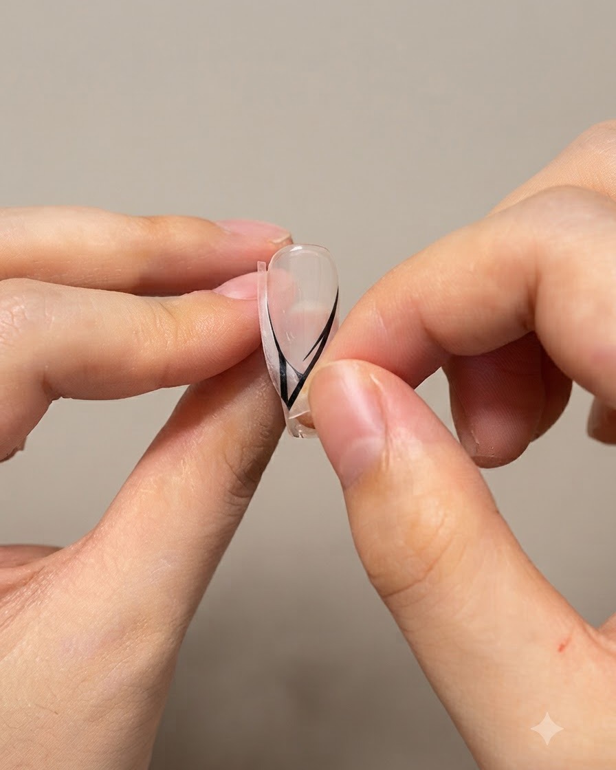 A close-up of hands gently peeling white French guideline stickers off the sides of a clear artificial nail.