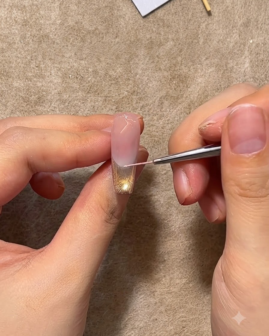 A thin nail liner brush meticulously drawing a pink border line across the middle of a decorated nail.
