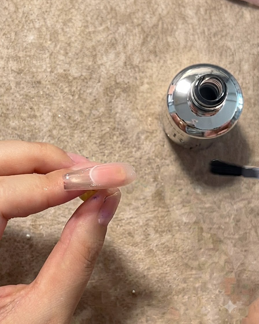 A hand holding a nail extension holder upside down above a work surface.