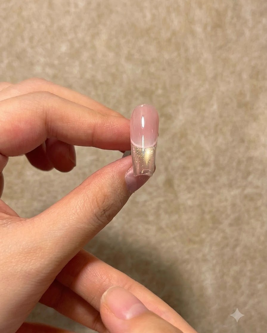 A close-up view of a completed pink and gold gradient French nail held up against a neutral background.