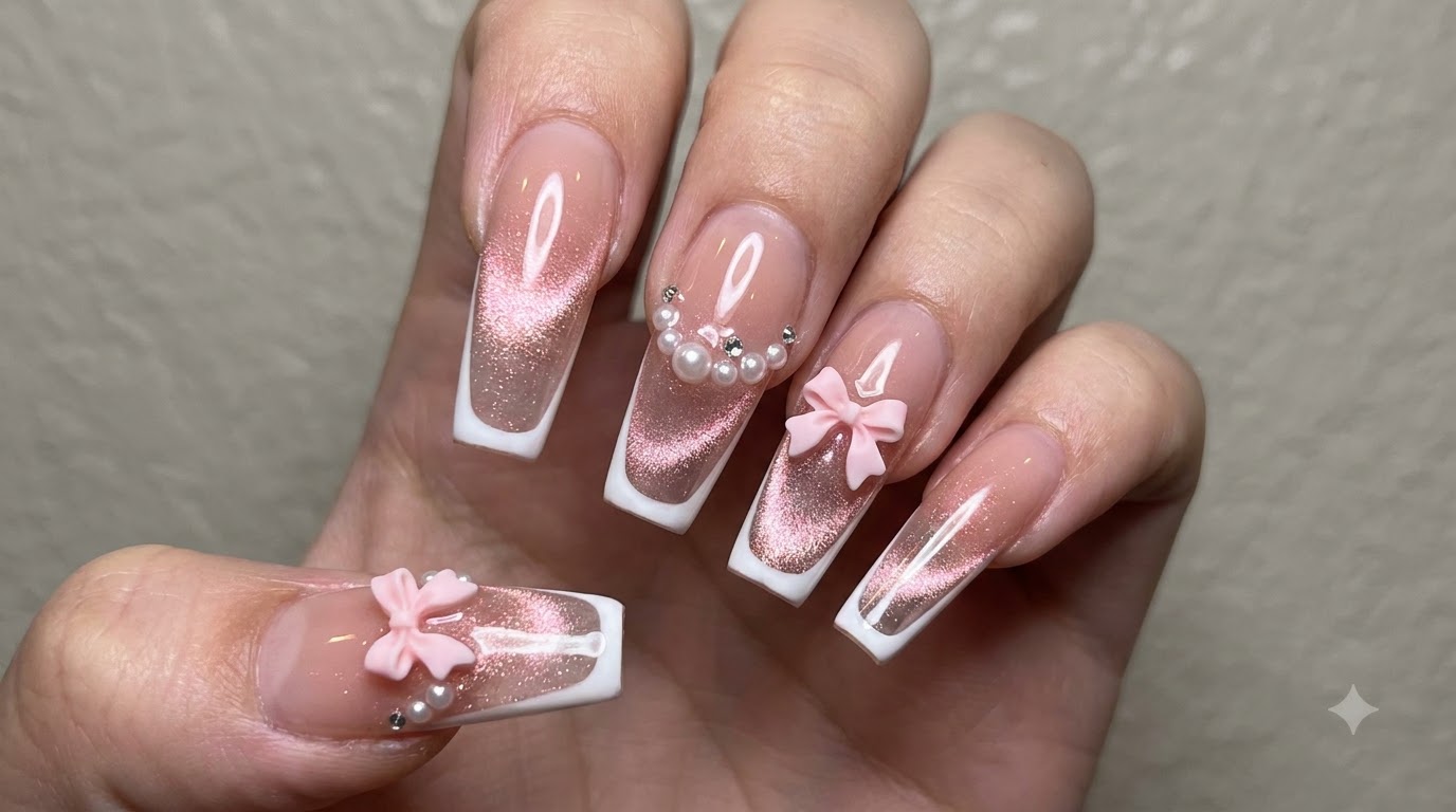 Pink and Gold Cat Eye French Gradient Nails — Step-by-Step Tutorial