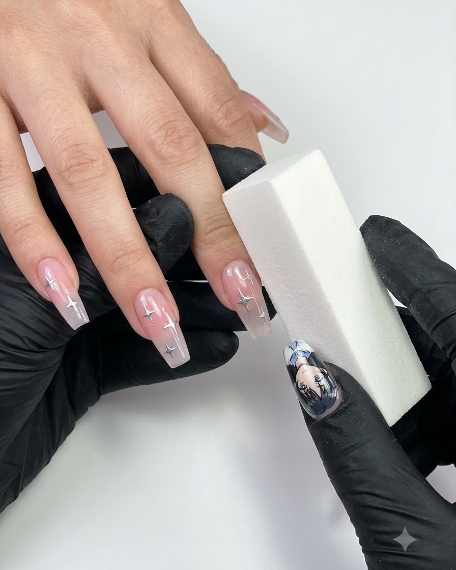 A person wearing black gloves holding a nail buffer block near manicured fingers.