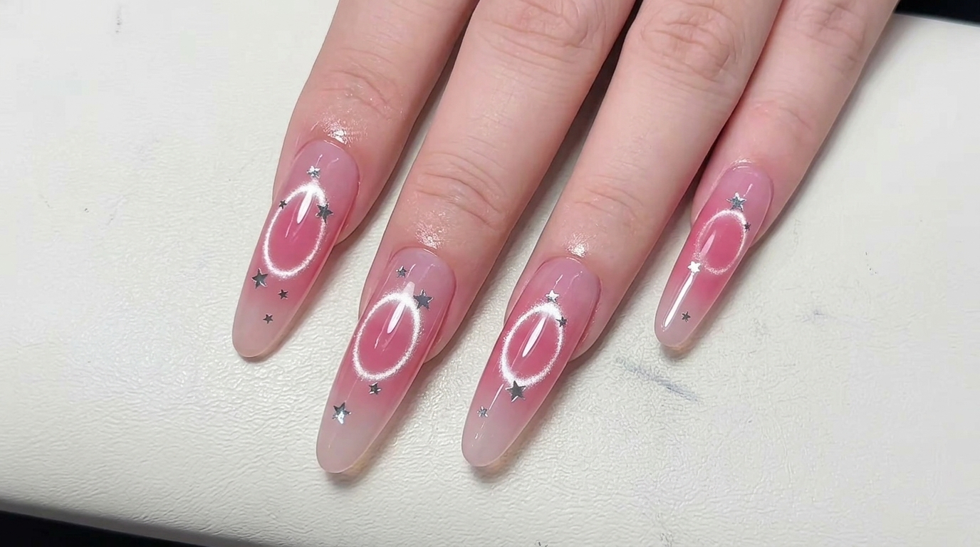 Pink Blush Hollow Cat Eye Nails with Silver Stars — Step-by-Step Tutorial
