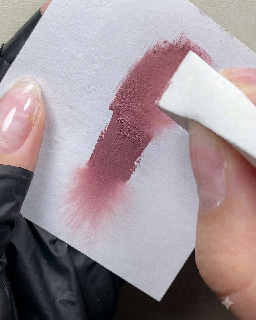 A sponge block dabbing peach pink gel onto a paper card, showing a smooth textured swatch.