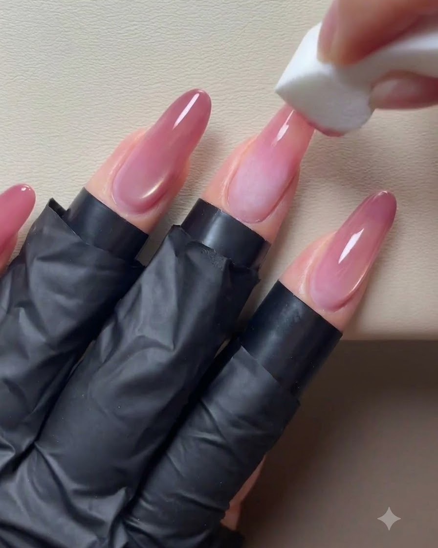 A sponge block dabbing a soft pink gradient onto the tips of long, nude-base acrylic nails.