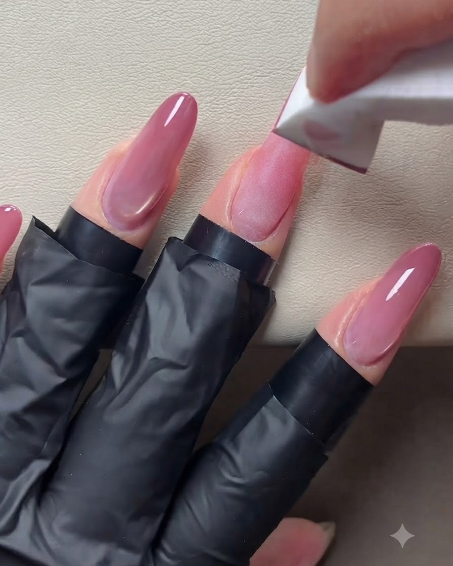 A sponge block applying a second, deeper layer of peach pink color to the tips of manicured nails.