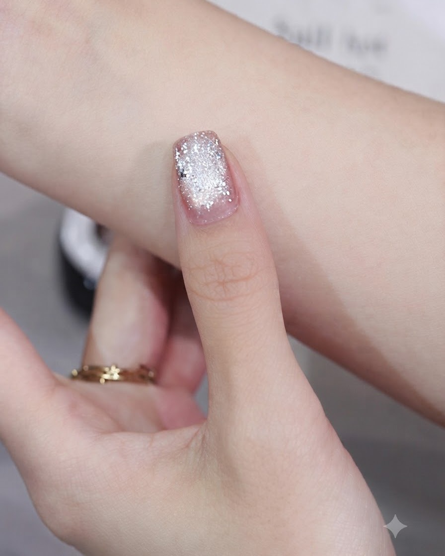 A round steel magnet performing back-and-forth motions to create a sharp glass bead light line on the nail.