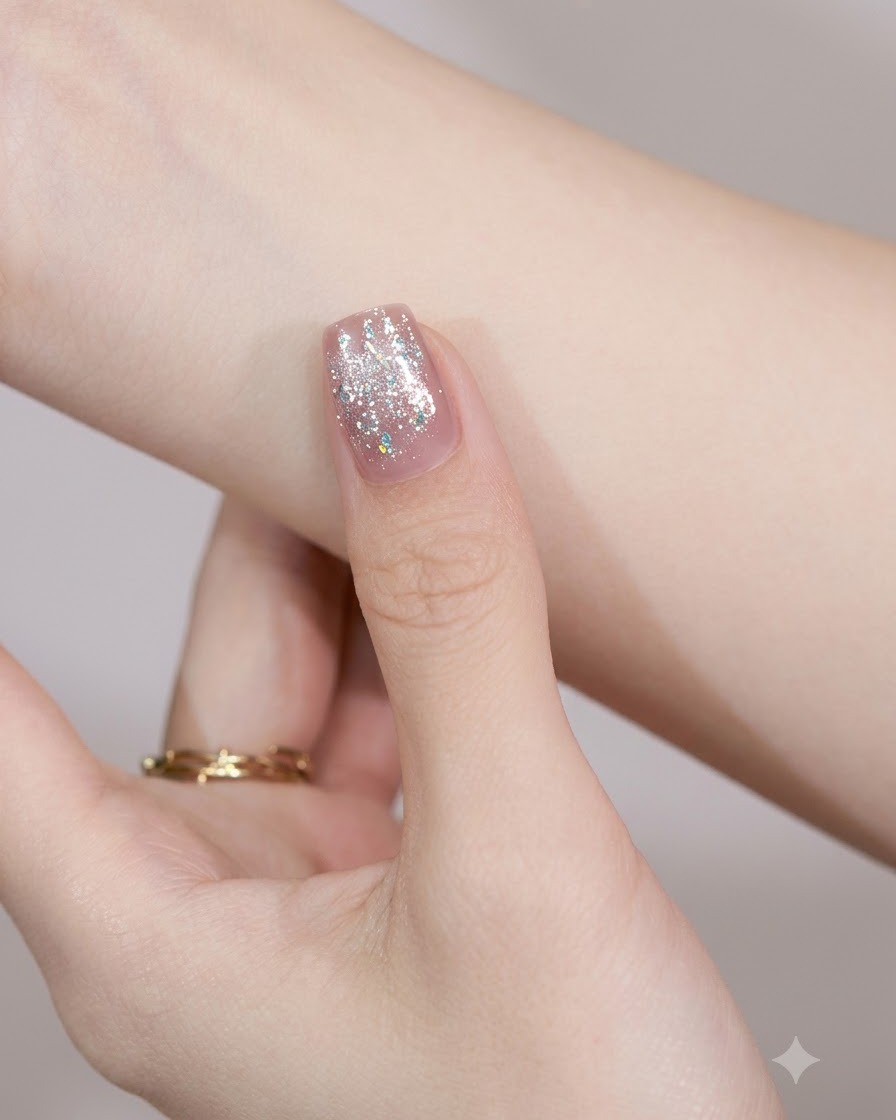 A fine liner brush applying silver liner gel to create a delicate fringe detail on the tip of the nail.