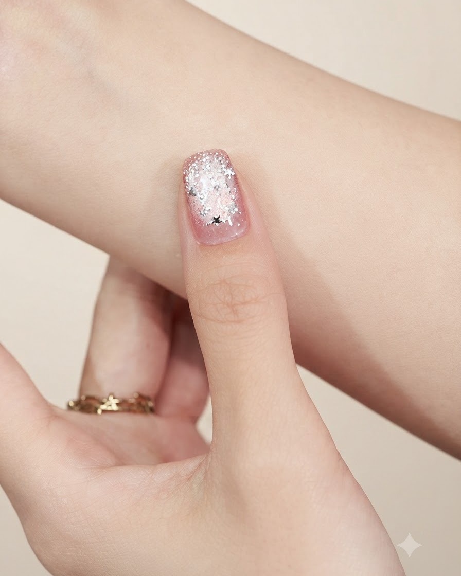 A metal tool picking up a small silver star glitter piece against a neutral background.