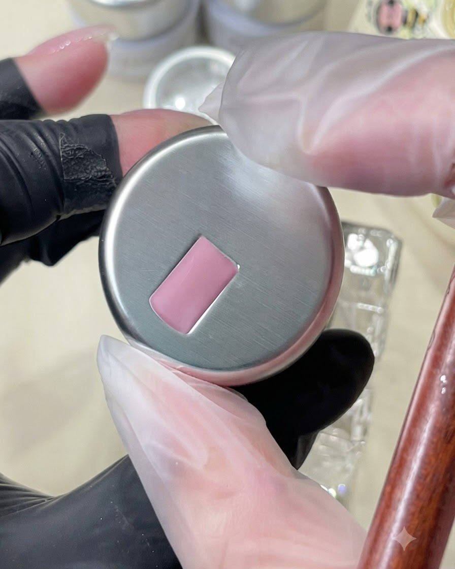 A brush holding and showing a pink cat-eye gel consistency above a nail setup.
