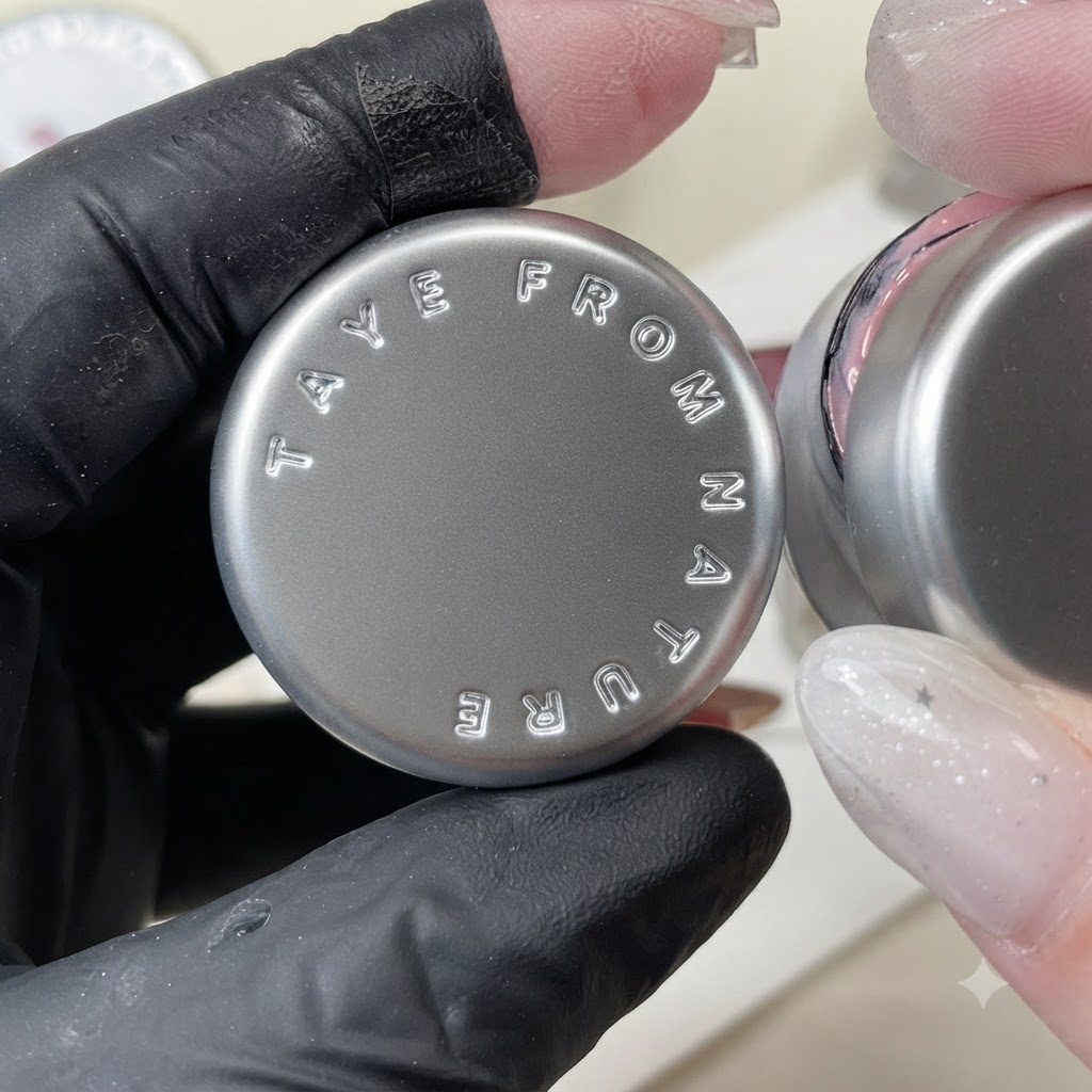 A jar of pink gel polish with embossed text on the lid held up during custom color preparation.