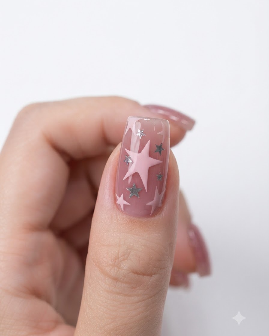 A close-up shot of a thumb nail featuring a large pink painted star covered in sparkling diamond texture.