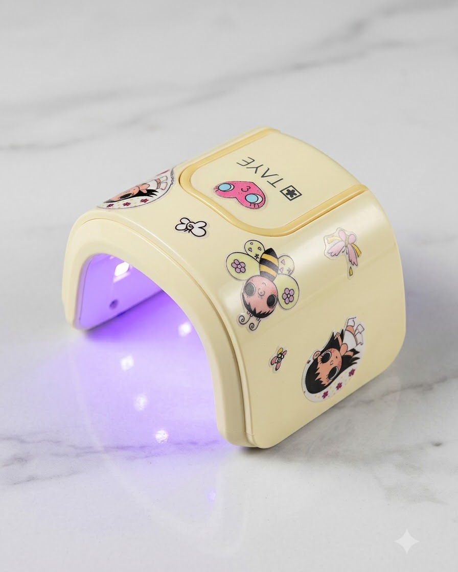 A hand placed inside a compact portable UV LED lamp curing the recent nail art.