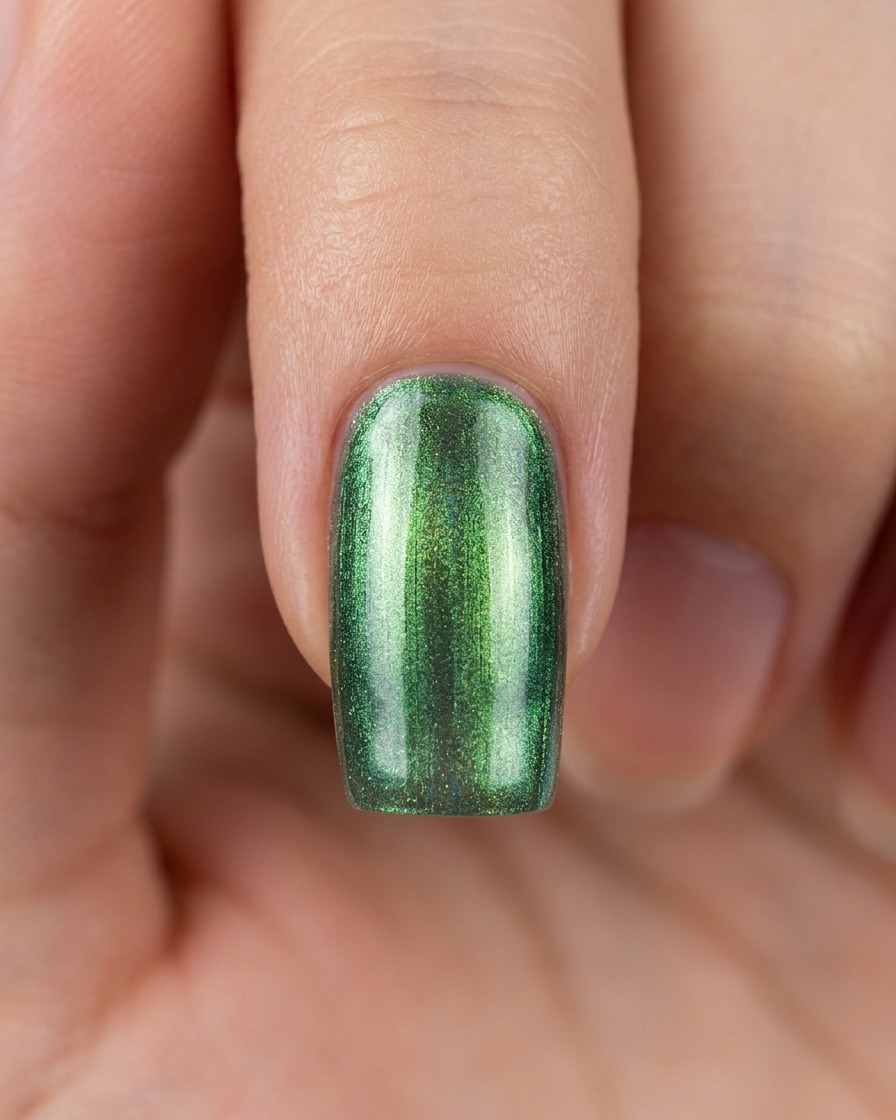 A close-up of a green cat eye manicured nail with a magnetic stripe effect down the center.