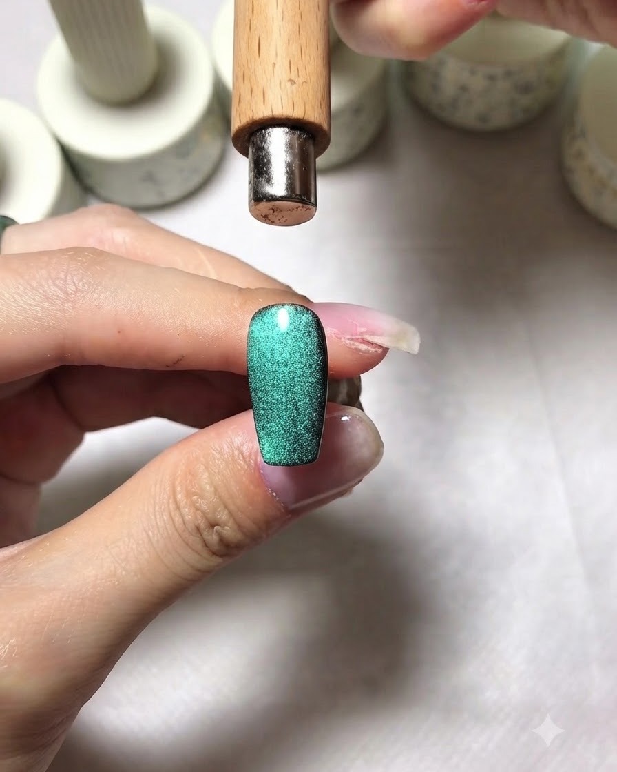 A magnetic wand held directly above a sparkling green cat eye nail to gather light.