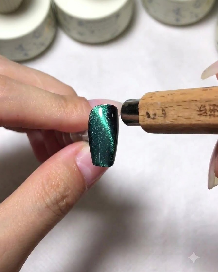 A magnetic tool positioned on the right side of a green cat eye nail to create a side streak.