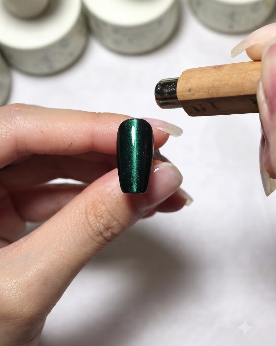 A cylindrical magnet being held over a dark green cat eye nail to shape a C-curve light stripe.