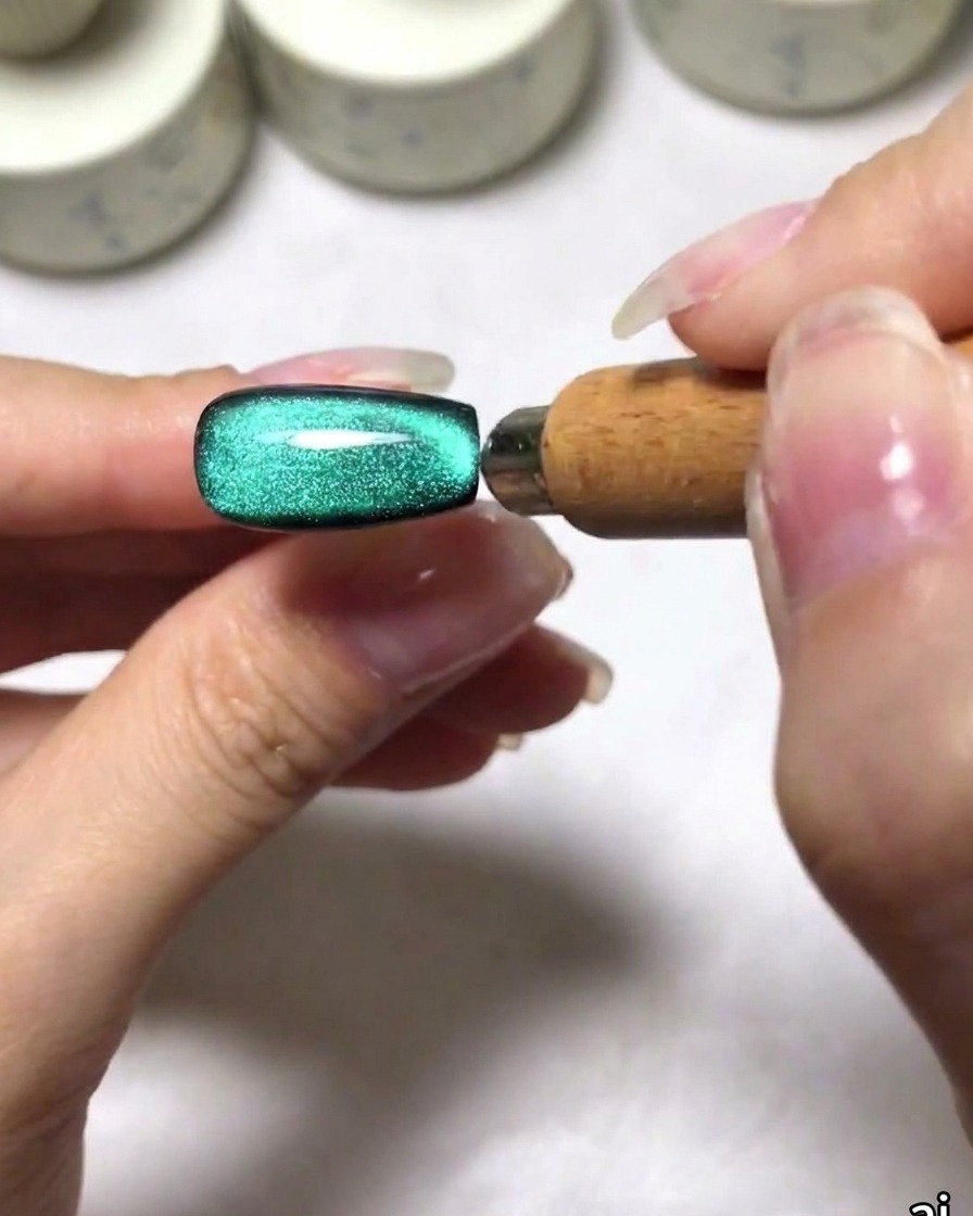A magnet shaping a bright green cat eye highlight into a smile line curve at the nail tip.