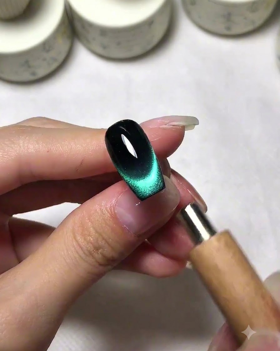 A magnet diffusing the cat eye pigment to create a French gradient effect on a dark manicured nail.
