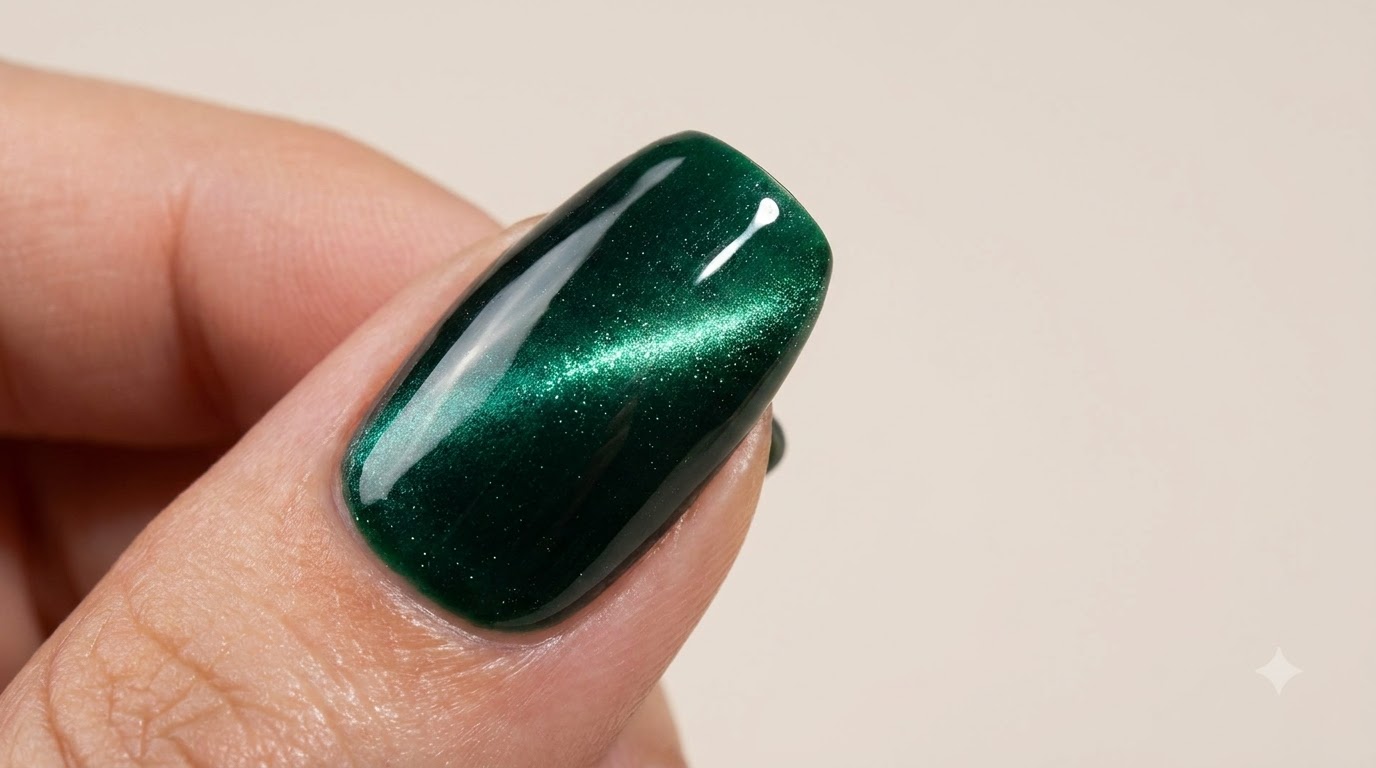 A close-up of a perfectly finished dark green cat eye magnetic gel nail, displaying a deep, vibrant, and focused magnetic light effect.