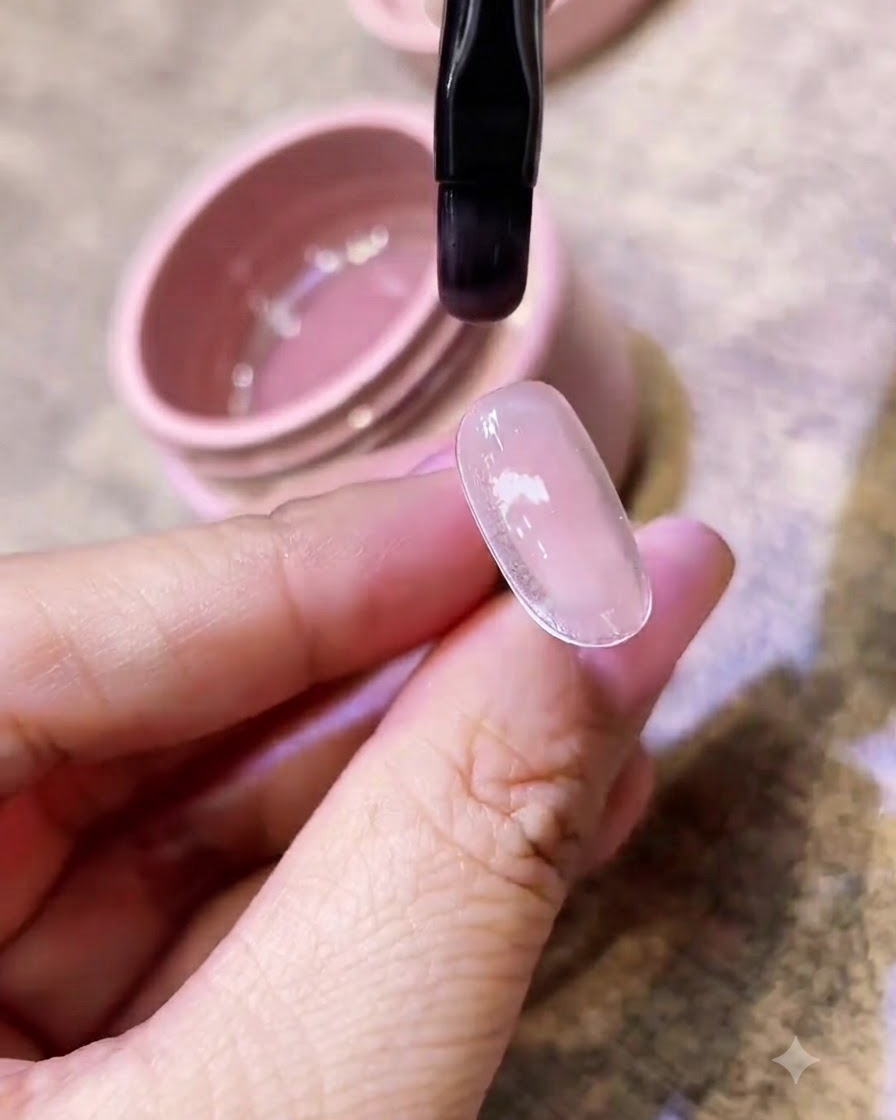 A flat gel brush applying smooth nude pink gel polish onto a clear nail tip held over a pink gel pot.