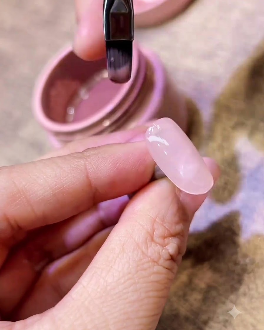 A hand placing a nail under a professional UV/LED lamp for curing.