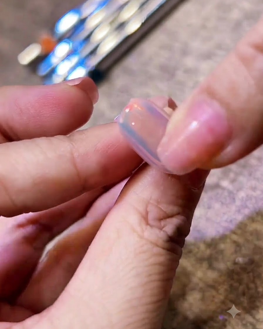 A manicured nail being cured under the light of a nail lamp.