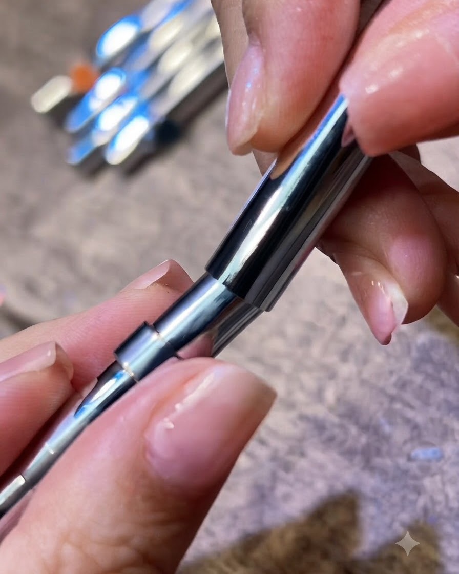 A close-up of a flat silicone brush applying aurora chrome powder onto a nail surface.