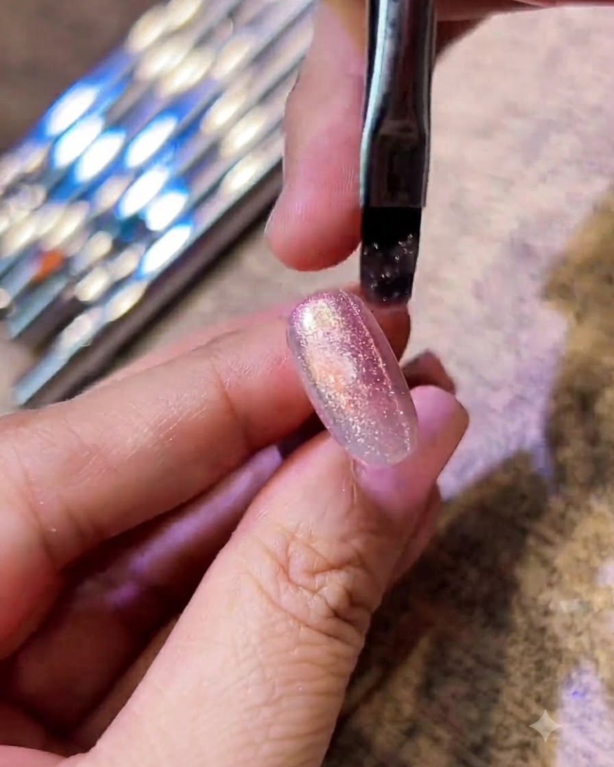 A gel brush applying sparkling cat-eye gel polish onto a nail.