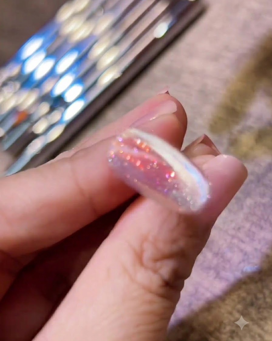 A hand resting inside a UV LED nail lamp with glowing purple light curing the gel.