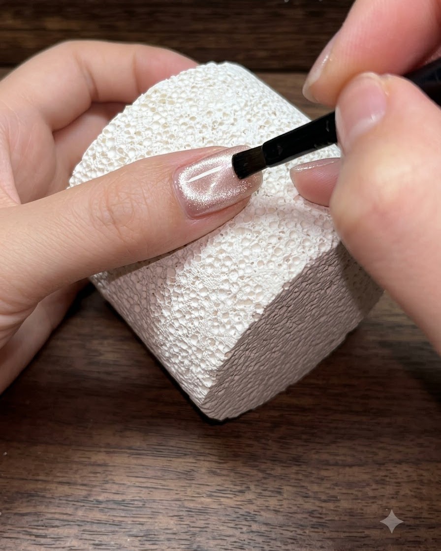 A nail brush applying champagne colored cat-eye gel onto a prepped nail surface.