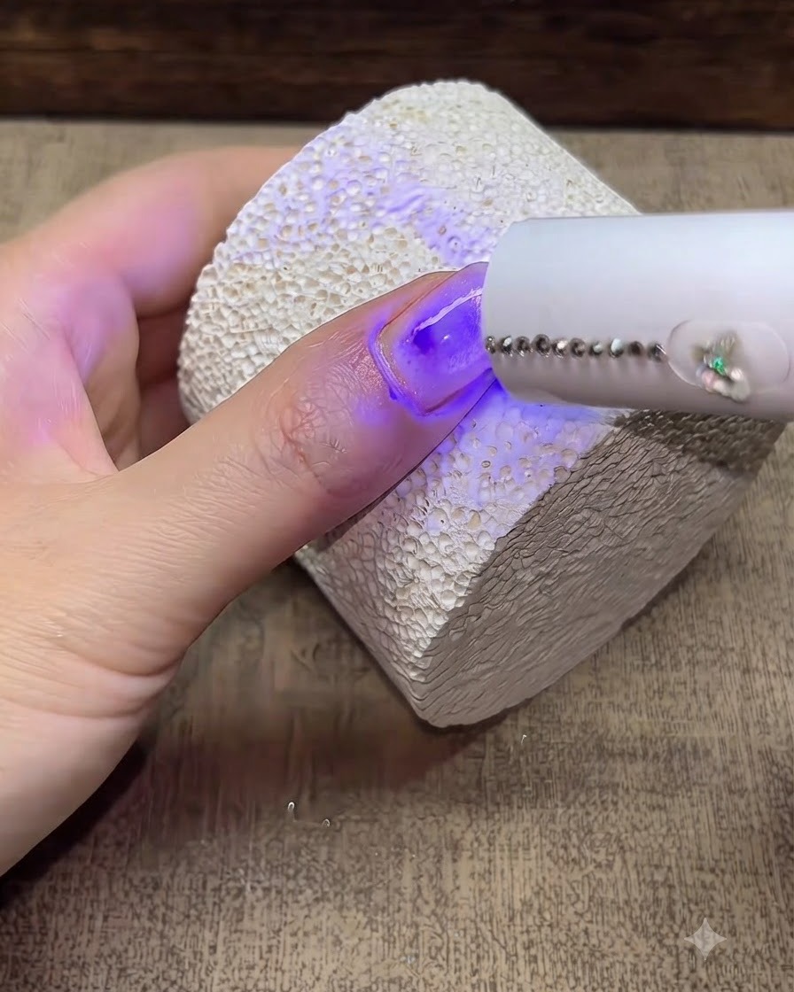 A portable UV/LED nail lamp curing a manicured finger resting on a textured white surface.