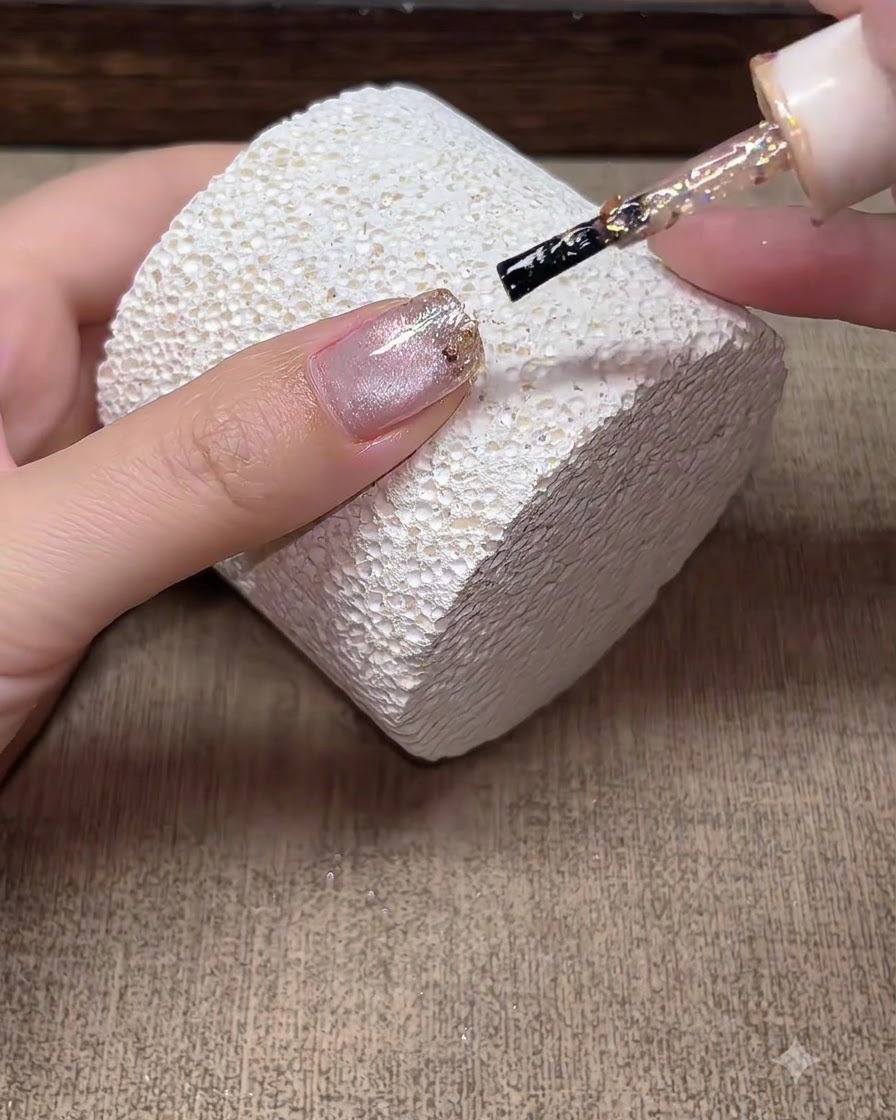 A nail brush dabbing champagne glitter flakes onto the tip of a cat-eye gel nail.