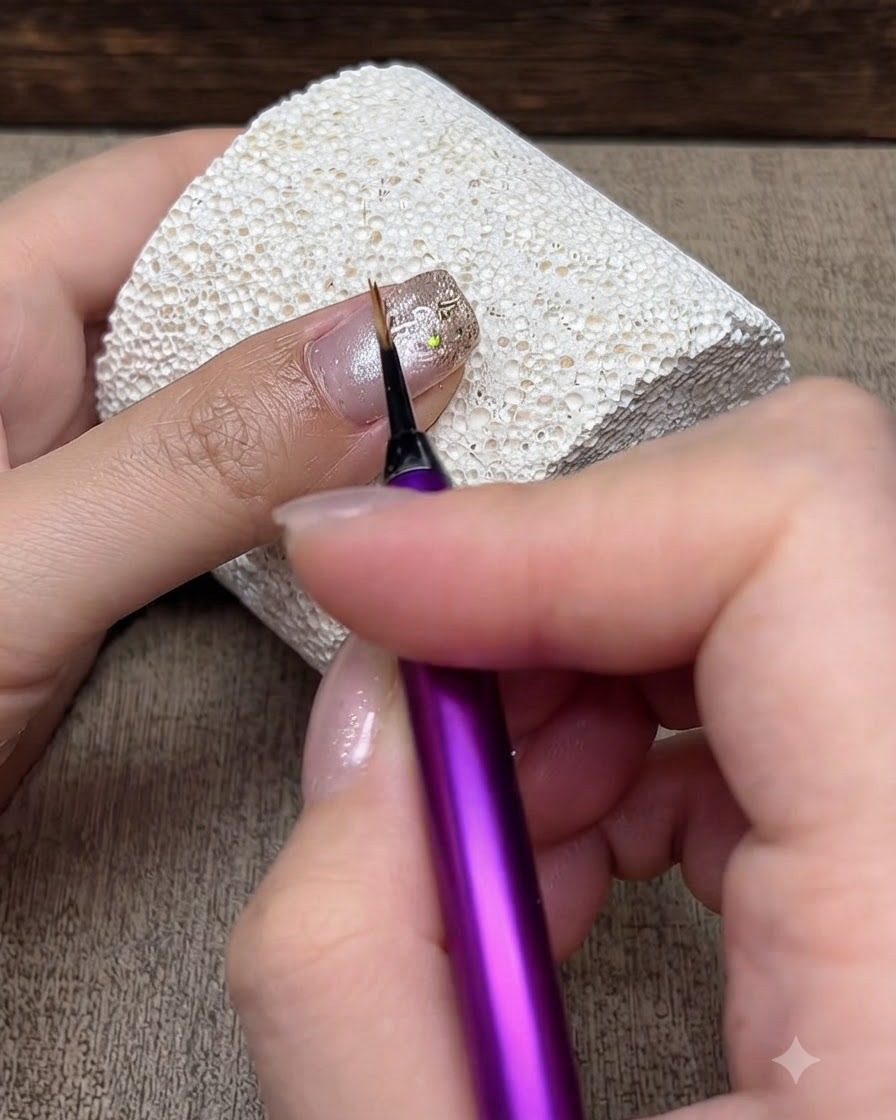 A fine liner brush held delicately over a sparkly gradient nail surface during detail work.