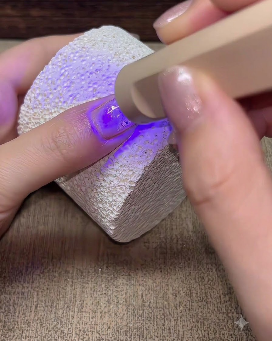 A portable UV/LED lamp curing a nail covered with builder gel.