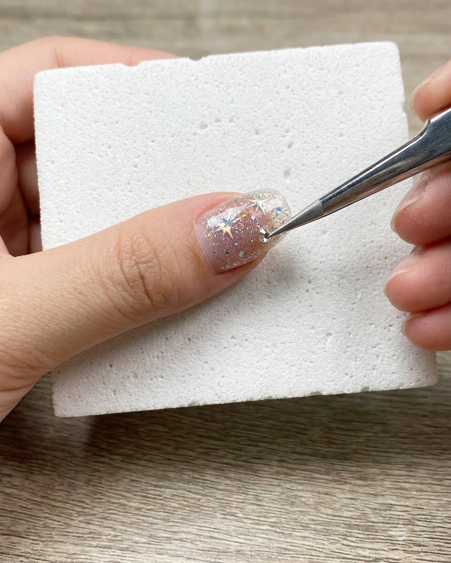 A detailing tool placing a small silver rhinestone ball onto a decorated fingernail resting on a sponge block.