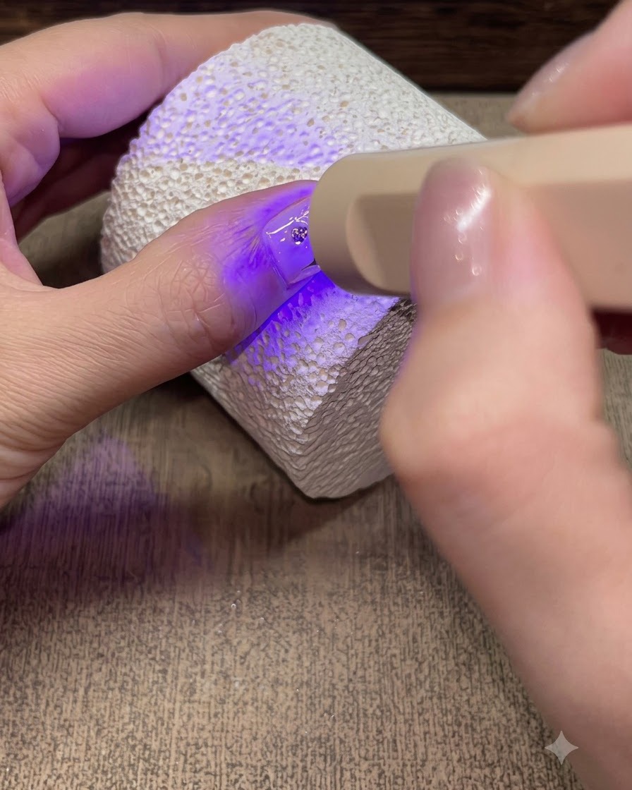 A portable UV/LED lamp curing the final top coat seal over a sparkling star nail design.