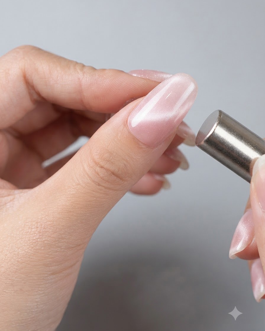 A cylinder magnetic wand held close to a glossy pink cat eye nail to shift the magnetic particles.