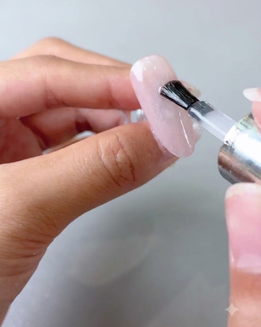 A brush applying a clear top coat layer onto the surface of a manicured nail.