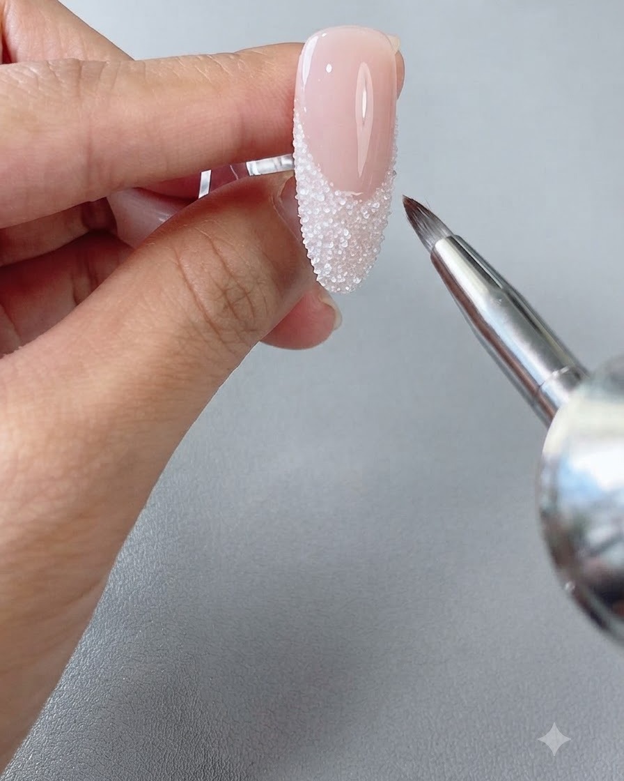 A small nail brush gently brushing away excess white dipping powder from the French tip of a long almond nailcite: 1.