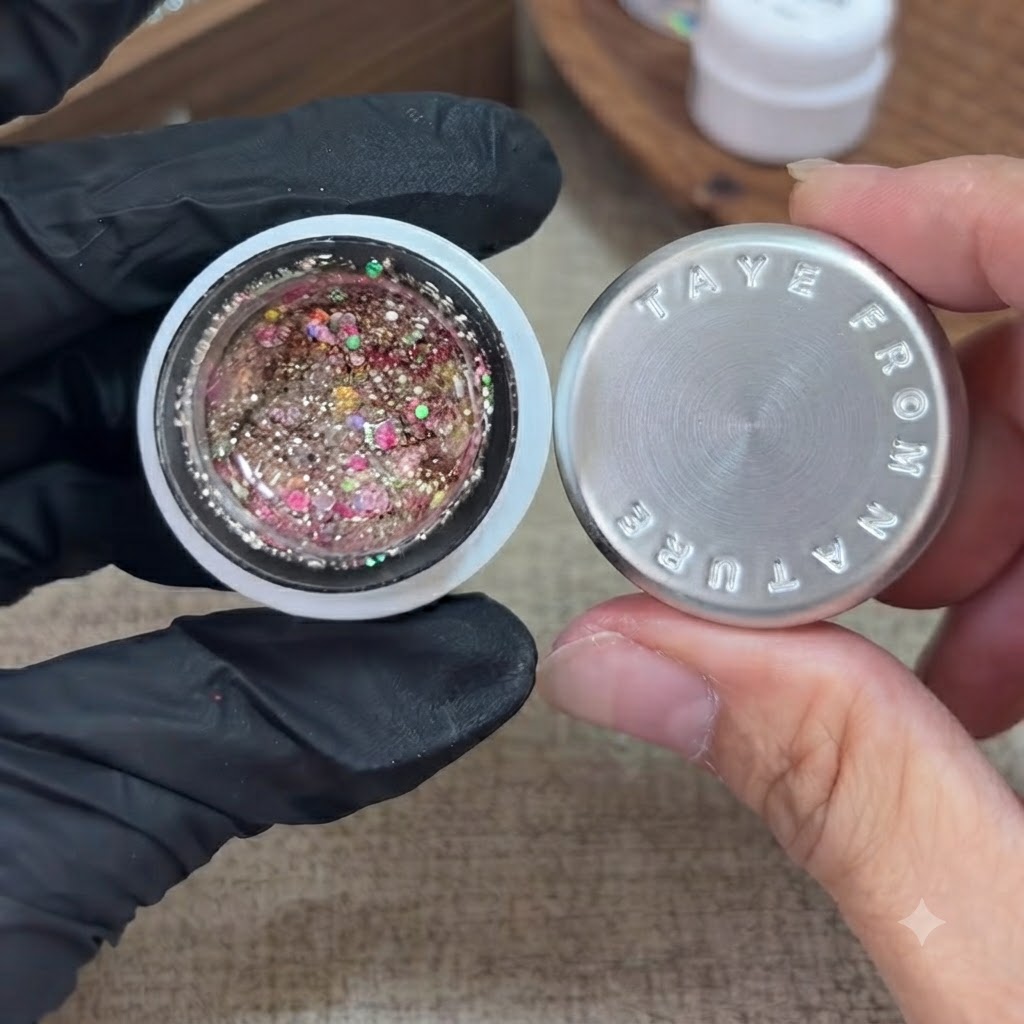 A gloved hand holding an open jar of glitter gel while a small brush dips into the colorful mixture.